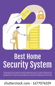 La mejor plantilla vectorial de silueta plana del sistema de seguridad doméstica. Llave electrónica de puerta. Folleto, folleto, diseño de concepto de una página con personajes de dibujos animados. Volante de bloqueo de tarjeta de llave, folleto con espacio de texto