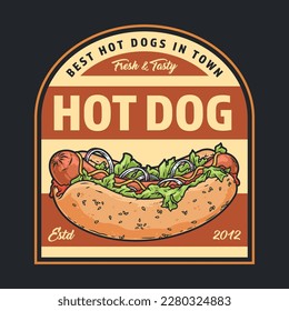 Mejor logotipo de color vintage de hot dog para restaurante de comida rápida con menú de sándwich y deliciosa cocina ilustración vectorial