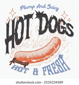 Beste Hot Dogs Vintage-Grunge-Textur mit Retro-Farbstimmung. Immer frisch und lecker. Fast-Food-Restaurant mit köstlicher Küche, Vektorgrafik, Vintage-Food-Kunstwerke. Frische und leckere Speisen