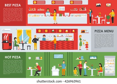 Best and Hot Pizza Menu flat concept web vector illustration. Pizzeria Restaurant interior presentation.