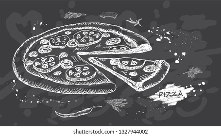 Best hot Pizza on chalk board background. Vector illustration. Vintage design with hand drawn sketch. Line art style. Great for menu, poster or label.