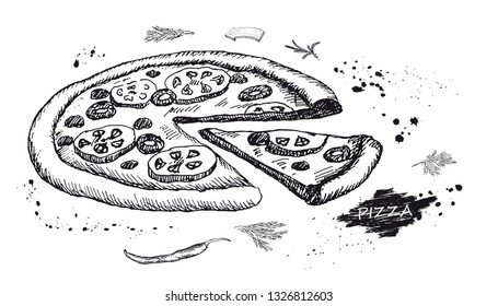 Best hot Pizza. Vector illustration. Vintage design with hand drawn sketch. Line art style. Great for menu, poster or label.