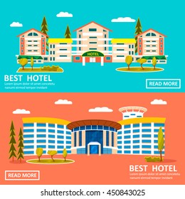 Mejor cartel de hotel para web. Dibujo vectorial del edificio del hotel en estilo plano