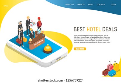 Best hotel deals landing page website template. Vector isometric illustration of smartphone with hotel staff providing customer services. Hotel search, booking online, apartment reservation concept.