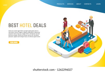 Best Hotel Deals Landing Page Website Template. Vector Isometric Illustration Of Smartphone With Hotel Staff Providing Customer Services. Room Booking Online Via Mobile Phone Concept.