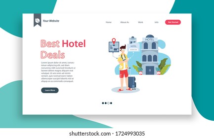 Best Hotel Deals Landing Page Website Template. Room Booking Online Via Mobile Phone Concept