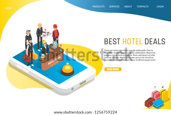 ベストホテルは ランディングページのウェブサイトテンプレートを取り扱います 顧客サービスを提供するホテルのスタッフを含むスマートフォンのベクター画像 イラスト ホテルの検索 オンライン予約 アパートの予約のコンセプト のベクター画像素材 ロイヤリティ