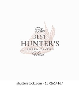 Best Hunter Tavern Abstract Vector Sign, Symbol or Logo Template. Elegant Tyrolean Hat with Feathers Sketch with Classy Retro Typography. Vintage Luxury Emblem. Isolated.