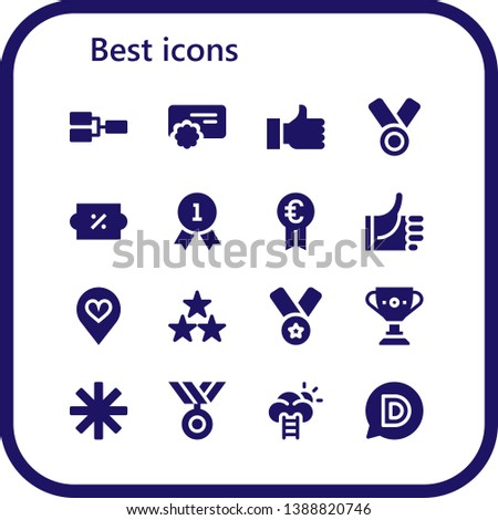 best icon set. 16 filled best icons.  Collection Of - Competition, Reward, Thumb up, Medal, Discount, Quality, Prize, Thumbs up, Favorite, Star, Trophy, Success, Disqus