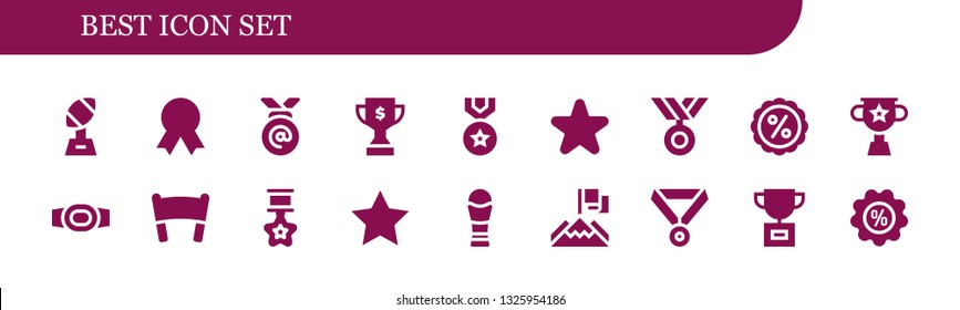 best icon set. 18 filled best icons.  Collection Of - Trophy, Quality, Medal, Star, Discount, Champion belt, Banner, Achievement