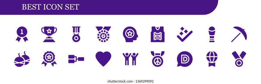 best icon set. 18 filled best icons.  Simple modern icons about  - Quality, Trophy, Medal, Favorite, Armor, Success, Pick, Smoke bomb, Winner, Competition, Like, Disqus, Prize