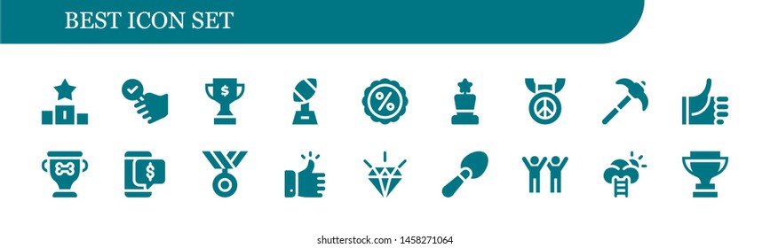 best icon set. 18 filled best icons.  Collection Of - Podium, Satisfied, Trophy, Discount, Award, Medal, Pick, Thumbs up, Like, Quality, Scoop, Success