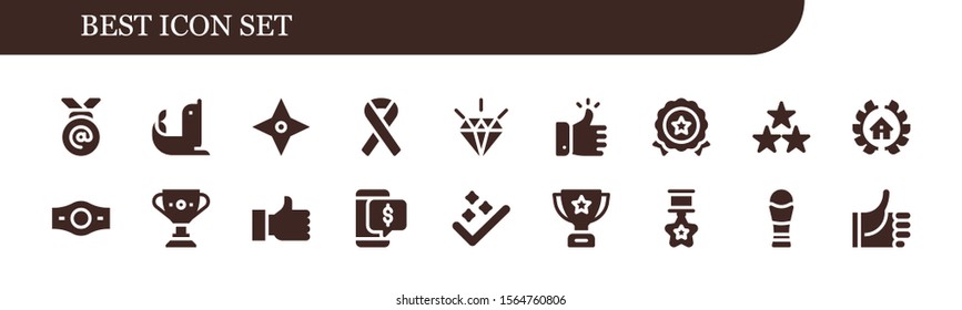best icon set. 18 filled best icons.  Simple modern icons about  - Medal, Seal, Star, Ribbon, Quality, Like, Awards, Champion belt, Trophy, Thumb up, Discount, Success, Thumbs up