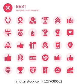 best icon set. Collection of 30 filled best icons included Laurel, Ribbon, Positive, Trophy, Rank, Winner, Medal, Bug detector, Badge, Like, Success, Paw ribbon, Likes, Score