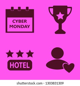 Best Icon Set With Hotel Three Stars, Trophy Cup And Cyber Monday Calendar Vector Illustration