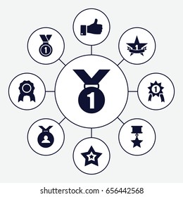 Best icons set. set of 9 best filled icons such as medal, thumb up, star, 1st place star, number 1 medal