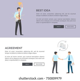 Best idea and agreement, people handshake and interchange, men with price and electric bulb in hands vector illustration web page