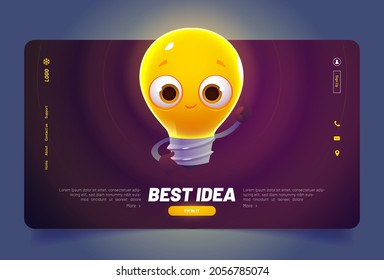 Best idea banner with cute light bulb character. Concept of creative solutions and innovation. Vector landing page with cartoon illustration of funny glowing lamp