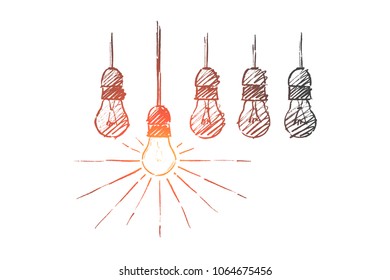 The best idea concept. Hand drawn lamps, one of them is shining. Luminous lamp the symbol of idea or solution isolated vector illustration.