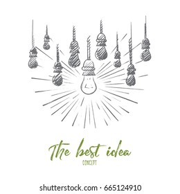 The best idea concept. Hand drawn lamps, one of them is shining. Luminous lamp the symbol of idea or solution isolated vector illustration.