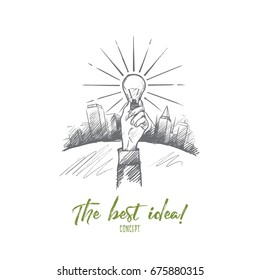 The best idea concept. Hand drawn hand with luminous light bulb. Bulb as a symbol of new idea isolated vector illustration.