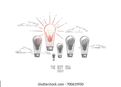 The best idea concept. Hand drawn light bulb as creativity. Balloons with light bulbs as symbol of lot ideas but only one of them is the best isolated vector illustration.