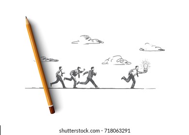 The best idea concept. Hand drawn people running with luminous light bulb. Businessman makes a great solution isolated vector illustration.