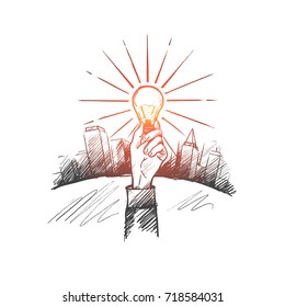 The best idea concept. Hand drawn hand with luminous light bulb. Bulb as a symbol of new idea isolated vector illustration.