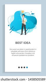 Best idea vector, concept of business, businessman male with lightbulb super solution for project development man with prize gold trophy. Website or app slider, landing page flat style