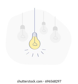 The best idea vector concept. Creativity, imagination or solution illustration. Four light bulbs hanging from ceiling on wires and only one shining brightly. Flat line symbol design.