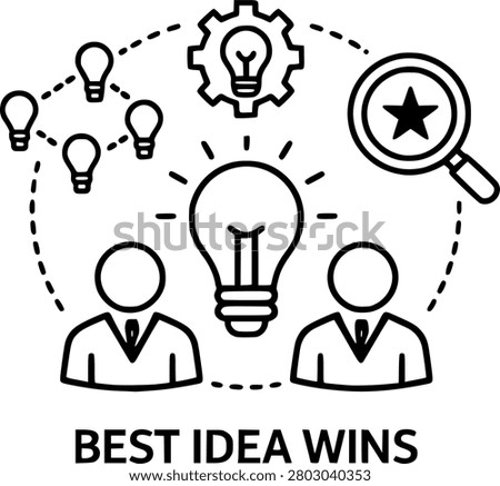 Best idea wins line icon vector illustration featuring brainstorming, creative light bulb, teamwork, innovation, idea selection, gear, magnifying glass, and business competition concept for startup, strategy, leadership, and creative thinking design.
