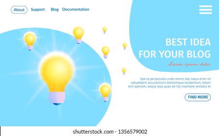 Best Idea for Your Blog Horizontal Banner with Copy Space. Electric Burning Lightbulbs on Blue and White Wavy Gradient Background. Creative Insight. Burning Bulb. 3d Flat Vector Isometric Illustration