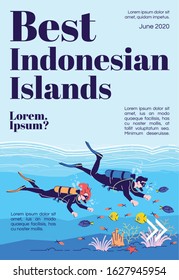 Best Indonesian islands magazine cover template. Scuba diving. Indonesia tourism. Journal mockup design. Vector page layout with flat character. Advertising cartoon illustration with text space