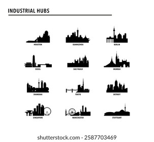 Best industrial hubs and cities - logo, icon pack with skylines of Houston, Guangzhou, Shanghai, Singapore, Tokyo, Mumbai, Seoul, Detroit, Berlin. Vector bundle index