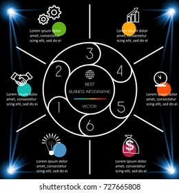 Best Infographic Template 6 position for information on dark background. Business chart for presentations.