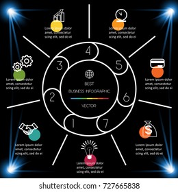 Best Infographic Template 7 position for information on dark background. Business chart for presentations.