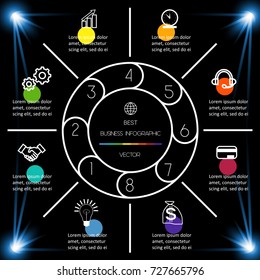 Best Infographic Template 8 position for information on dark background. Business chart for presentations.