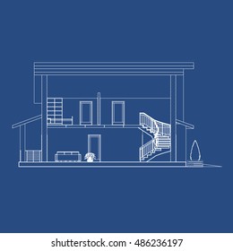 Best interesting architectural background. Cross-section suburban house. Vector blueprint.