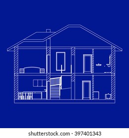 Best interesting architectural background. Incision house. Vector blueprint.
