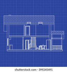 Best interesting architectural background on graph paper. Incision house. Vector blueprint.