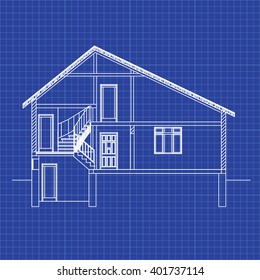 Best interesting architectural background on graph paper. Incision house. Vector blueprint.