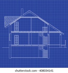 Best interesting architectural background on graph paper. Cross-section house. Vector blueprint.