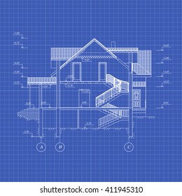 Best interesting architectural background on graph paper. Cross-section house. Vector blueprint.