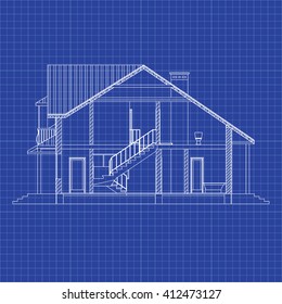 Best interesting architectural background on graph paper. Cross-section suburban house. Vector blueprint.
