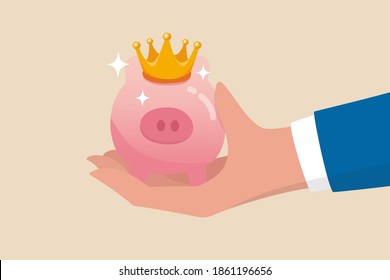 Best Investment, Winning Pension Fund Or Bargain Stock Picking With High Return, Safety Deposit Saving For Retirement Concept, Businessman Hand Offer Shinny Pink Piggy Bank With Golden King Crown.