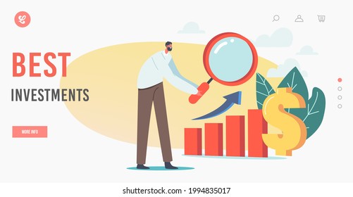 Plantilla de la página de inicio de las mejores inversiones. Carácter comercial Analizar estrategias de inversión y cartera. Análisis del Plan de Crecimiento de la Renta Financiera de Acciones y Fondos. Ilustración de vectores de personas de caricatura