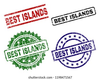 BEST ISLANDS seal prints with corroded texture. Black, green,red,blue vector rubber prints of BEST ISLANDS title with grunge texture. Rubber seals with circle, rectangle, medallion shapes.