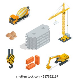 Best isometric construction icons set. Industrial crane, concrete mixer, house, sand, bricks, shovel, hammer vector illustration