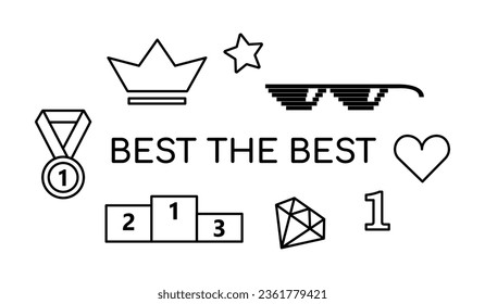 Mejor del conjunto de elementos Best. Medalla, peatón, premio. Primer lugar, campeonato y ganador. Corona, diamante y joya. Gafas negras geniales. Estrella y corazón. Colección de iconos de esquema. Ilustración vectorial.