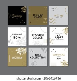 Best for jewel company.Set of  templates for social media.Square background. Season sale banner.Vector illustration.Business backgrounds for sale season.Silver.Gold.Black.White.Abstract.lettering.